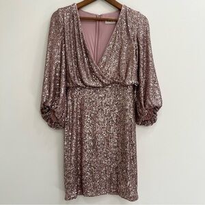 Eliza J Sequin Balloon Sleeve Cocktail Dress Rose Gold Size 4